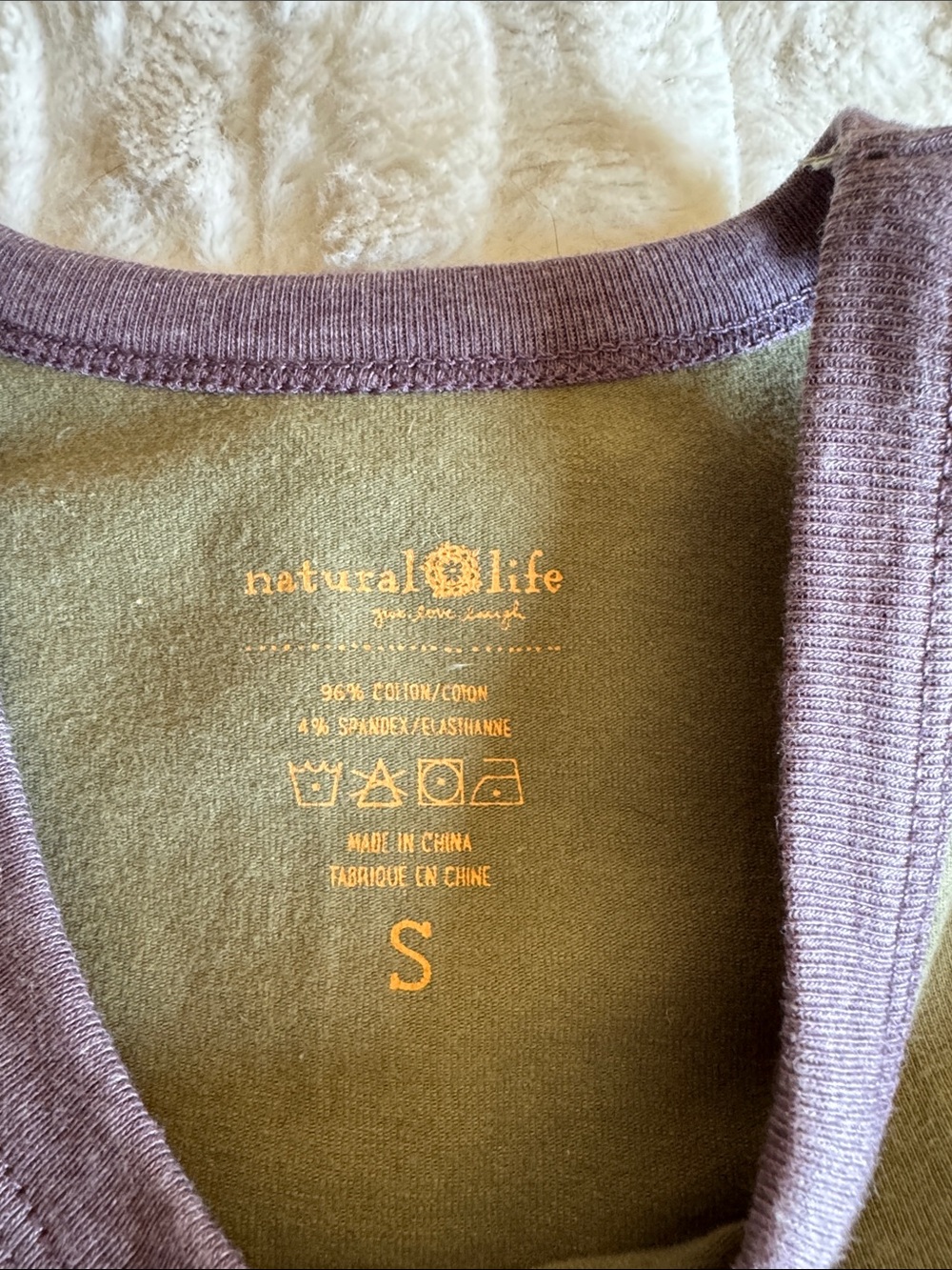 Natural Life Olive Tank Top with Purple Trim and Orange-Pink Peace Graphic - Picture 2 of 3